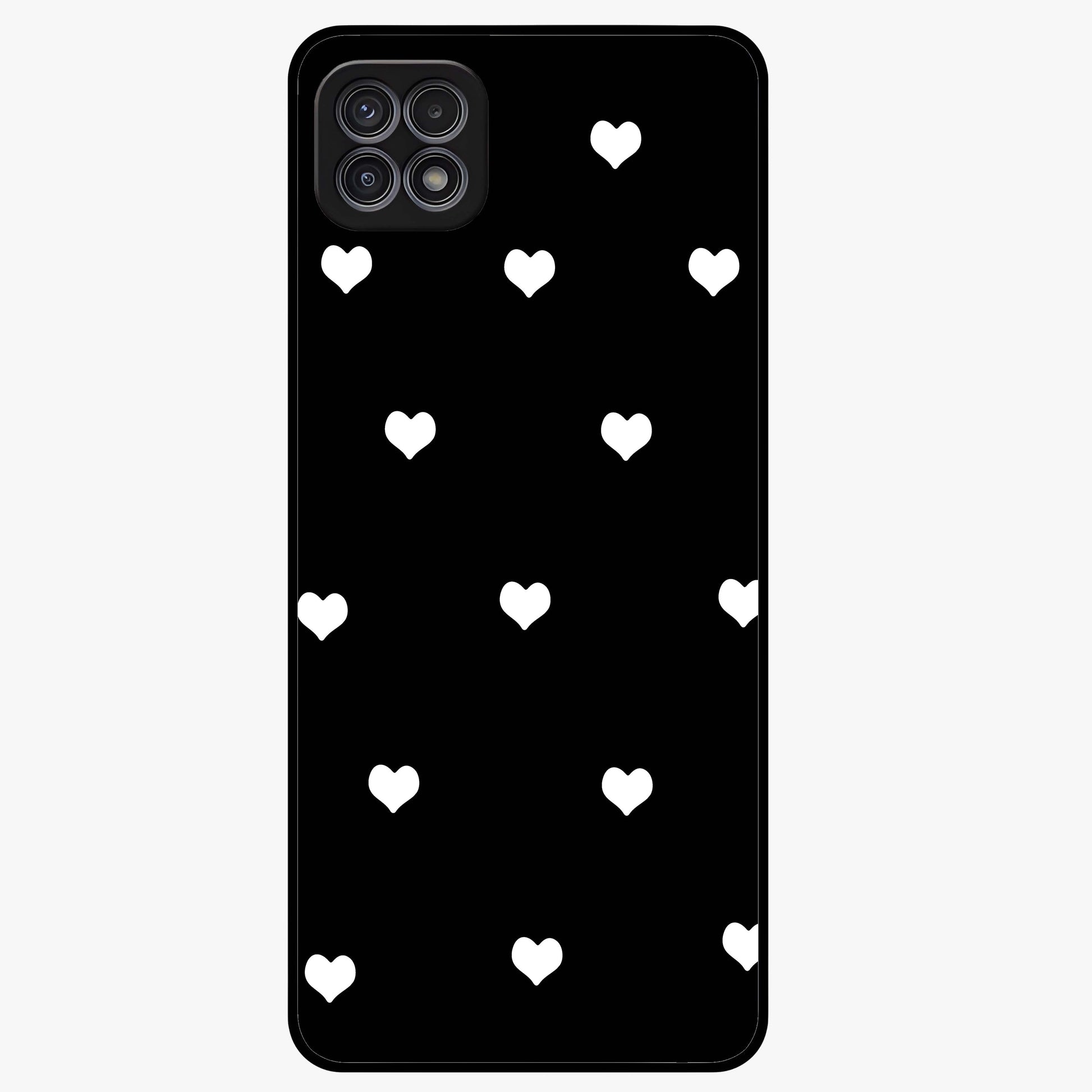 Cute And Simple White Hearts Glass Case showing flat back view with minimal white heart pattern and glossy glass finish.