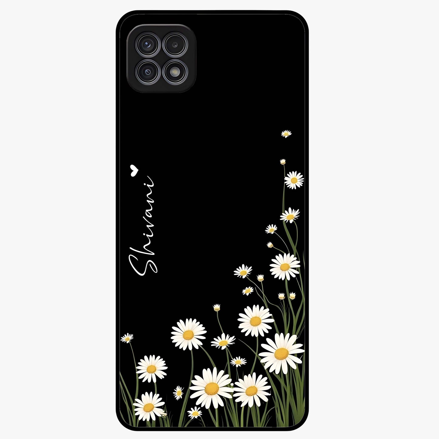 Daisy Cascade Custom Name Glass Case showing flat back view with cascading daisy flowers and personalized name design.