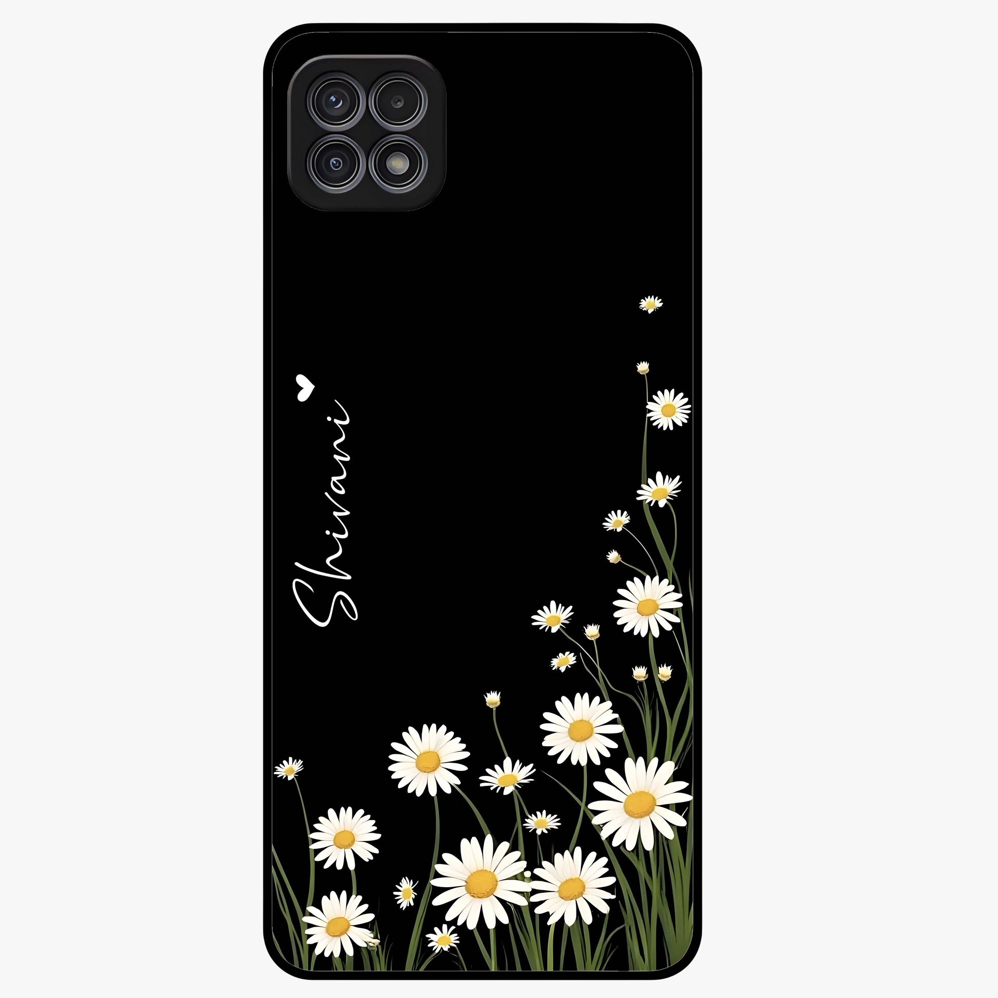 Daisy Cascade Custom Name Glass Case showing flat back view with cascading daisy flowers and personalized name design.
