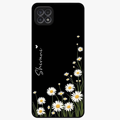 Daisy Cascade Custom Name Glass Case showing flat back view with cascading daisy flowers and personalized name design.