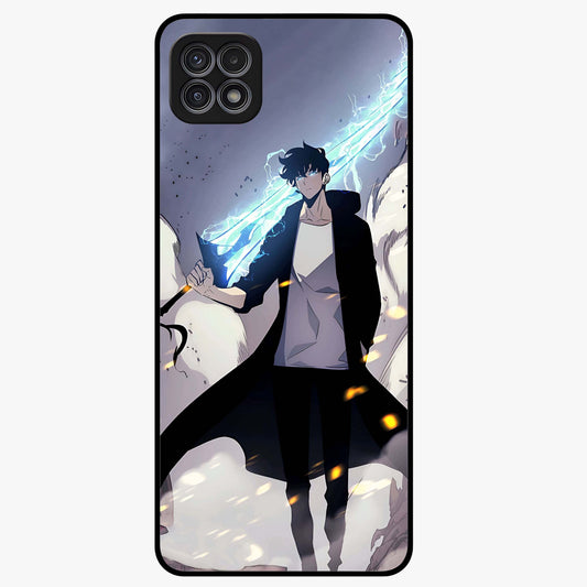 Dark Lightning Anime Warrior Glass Case showing flat back view with intense anime warrior artwork and glossy glass finish.
