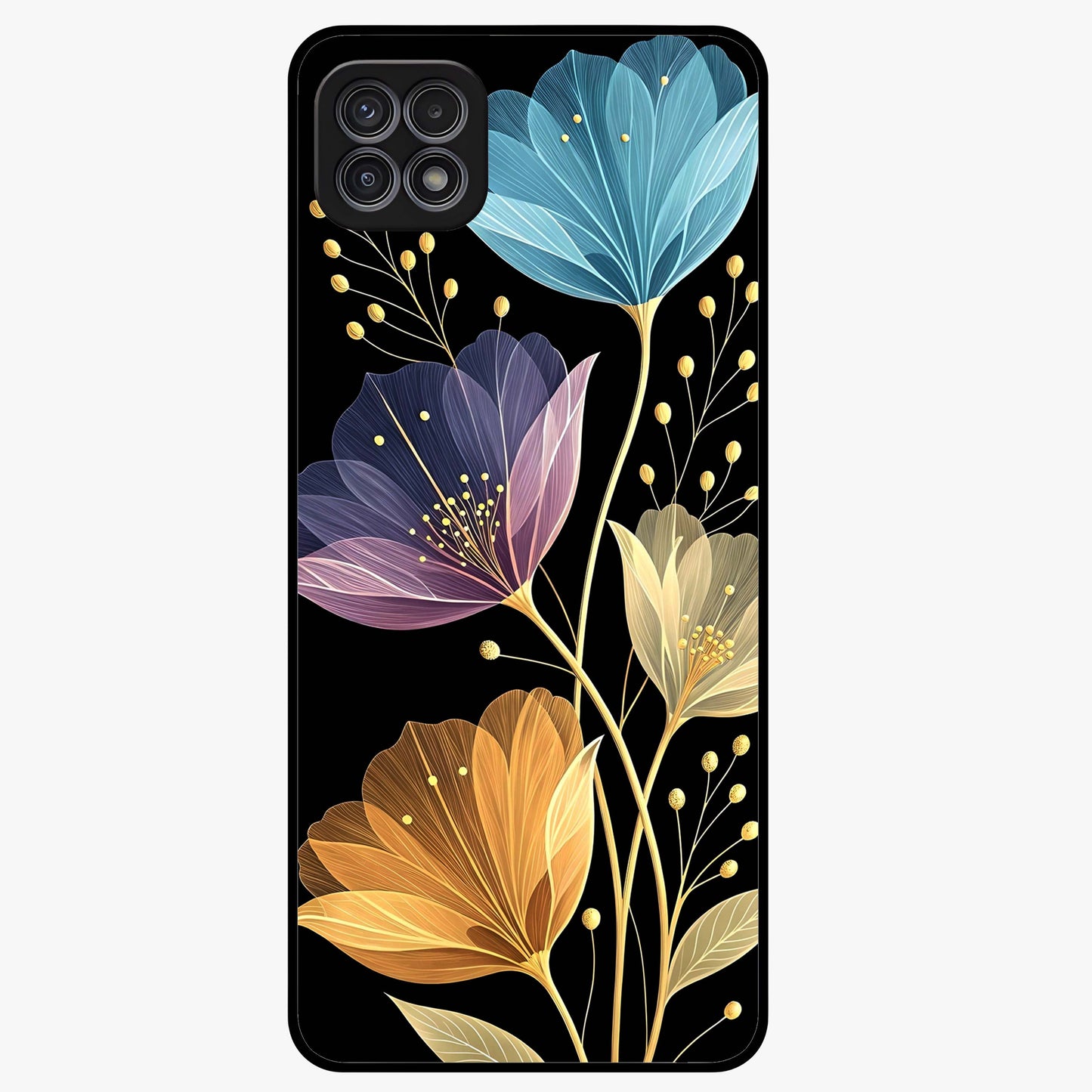 Delicate Multicolor Flowers Glass Case showing flat back view with vibrant floral artwork and glossy glass finish.