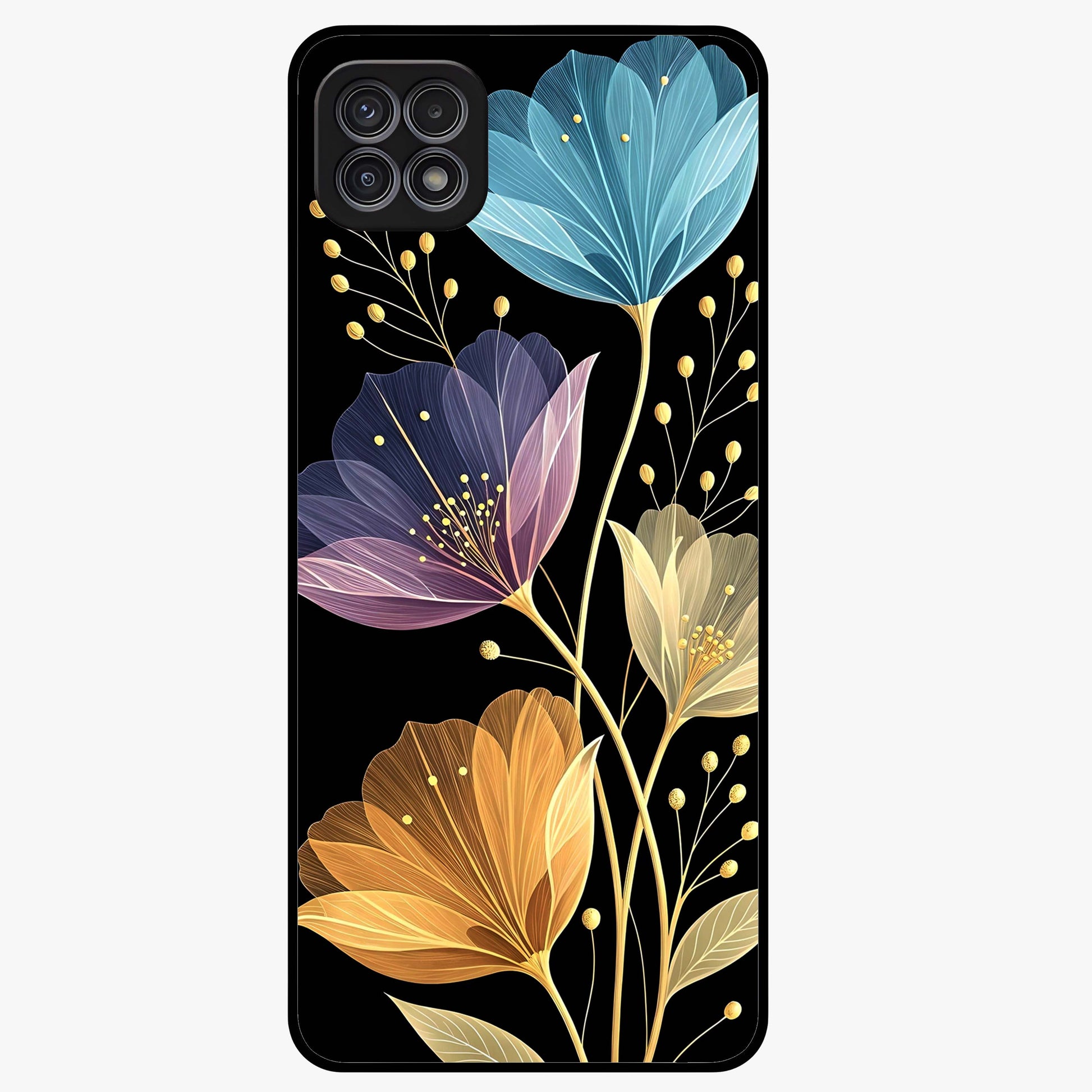 Delicate Multicolor Flowers Glass Case showing flat back view with vibrant floral artwork and glossy glass finish.