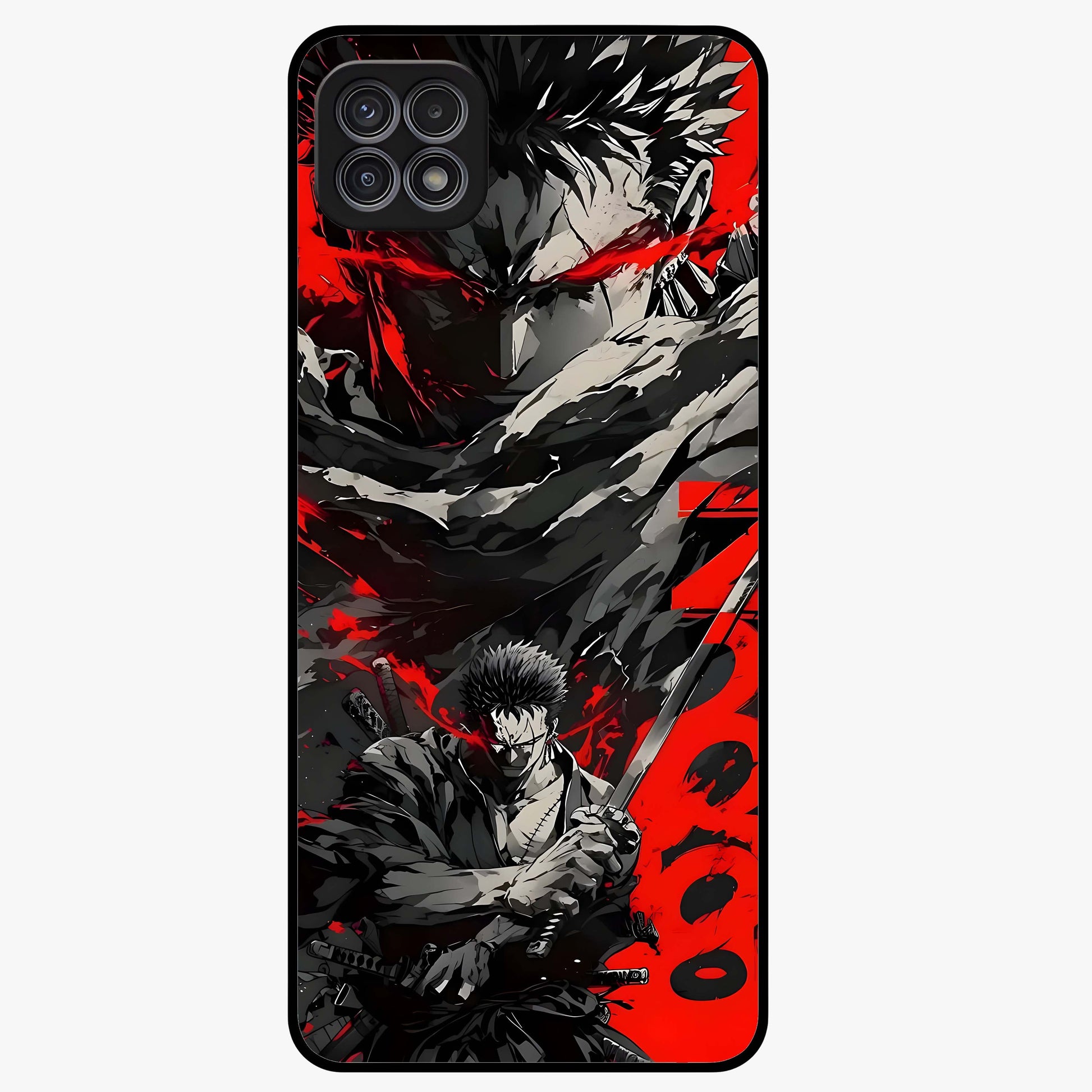 Demon Sword Resolve Glass Case showing flat back view with fierce sword warrior artwork and glossy glass finish.