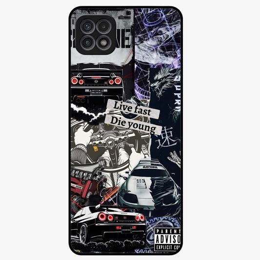 Die Young Glass Case showing flat back view with bold artistic typography design and glossy glass finish.