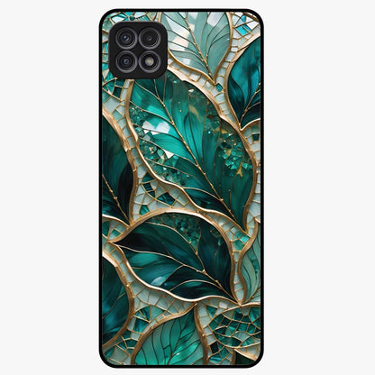 Emerald Leaf Glass Glass Case showing flat back view with emerald green leaf artwork and glossy glass finish.
