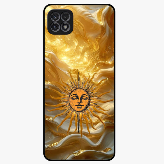Eternal Golden Glow Glass Case showing flat back view with radiant golden themed artwork and glossy glass finish.