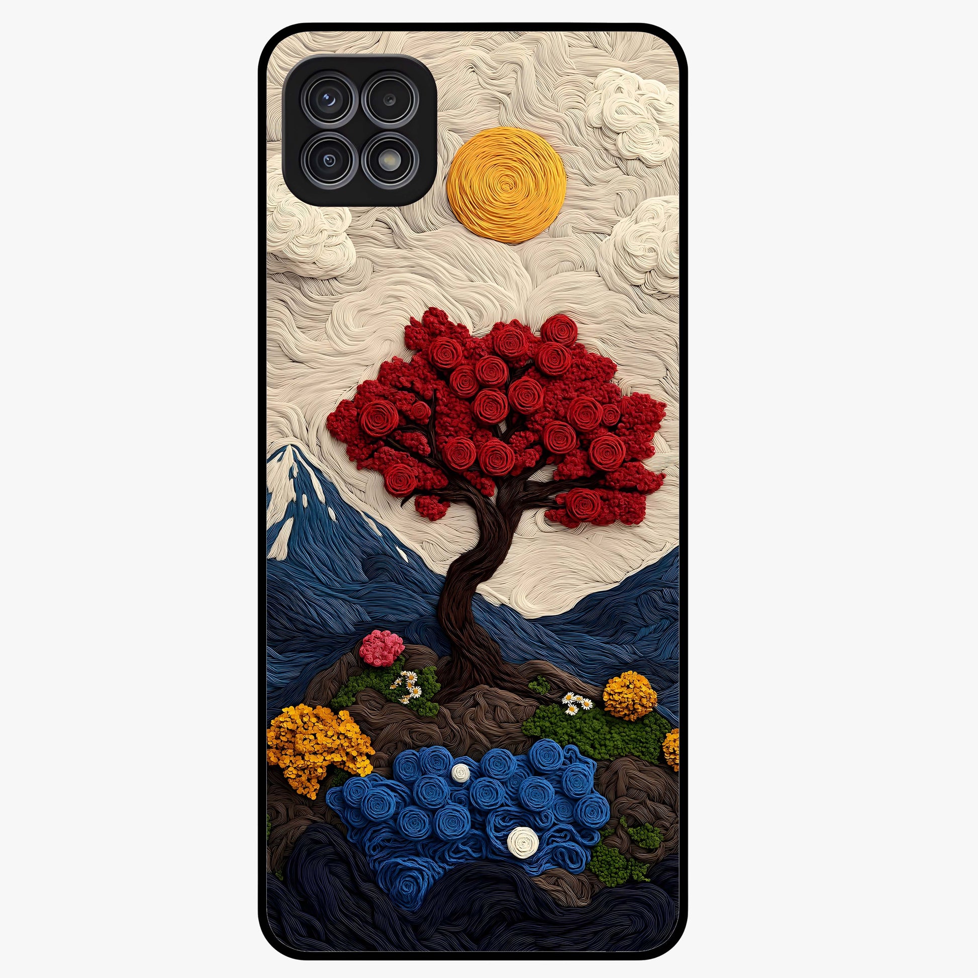 Eternal Nature Tapestry Glass Case showing flat back view with intricate nature tapestry artwork and glossy glass finish.