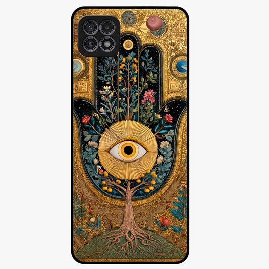 Ethereal Evil Eye Glass Case showing flat back view with mystical evil eye artwork and glossy glass finish.