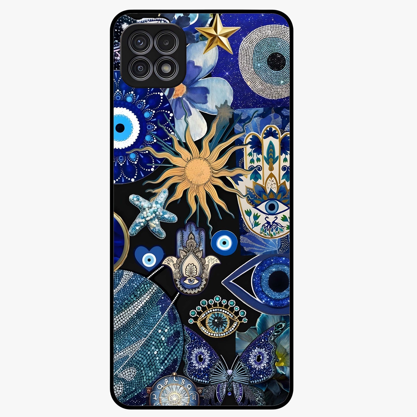 Evil Eye Charm Mix Glass Case showing flat back view with multiple evil eye charms artwork and glossy glass finish.