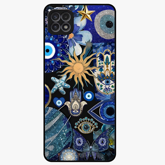 Evil Eye Charm Mix Glass Case showing flat back view with multiple evil eye charms artwork and glossy glass finish.