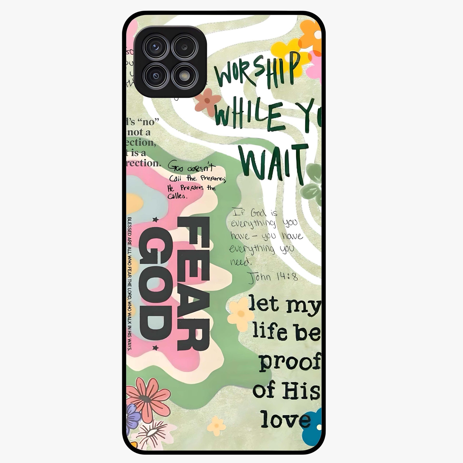 Faith Over Fear Glass Case showing flat back view with motivational typography artwork and glossy glass finish.