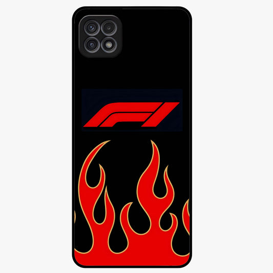 Fire F11 Glass Case showing flat back view with fiery themed artwork and glossy glass finish.