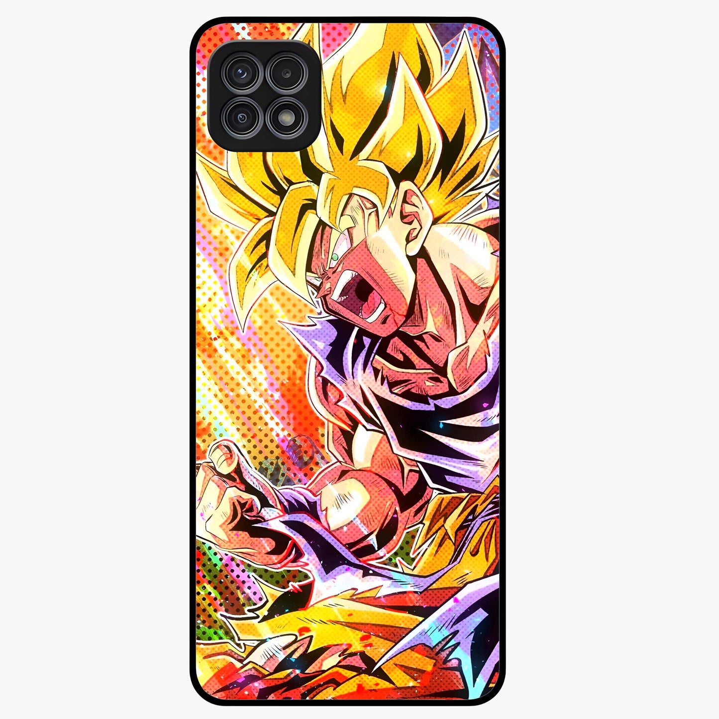 Firing Goku Glass Case showing flat back view with powerful anime inspired artwork and glossy glass finish.