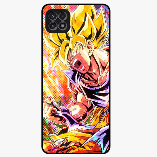 Firing Goku Glass Case showing flat back view with powerful anime inspired artwork and glossy glass finish.
