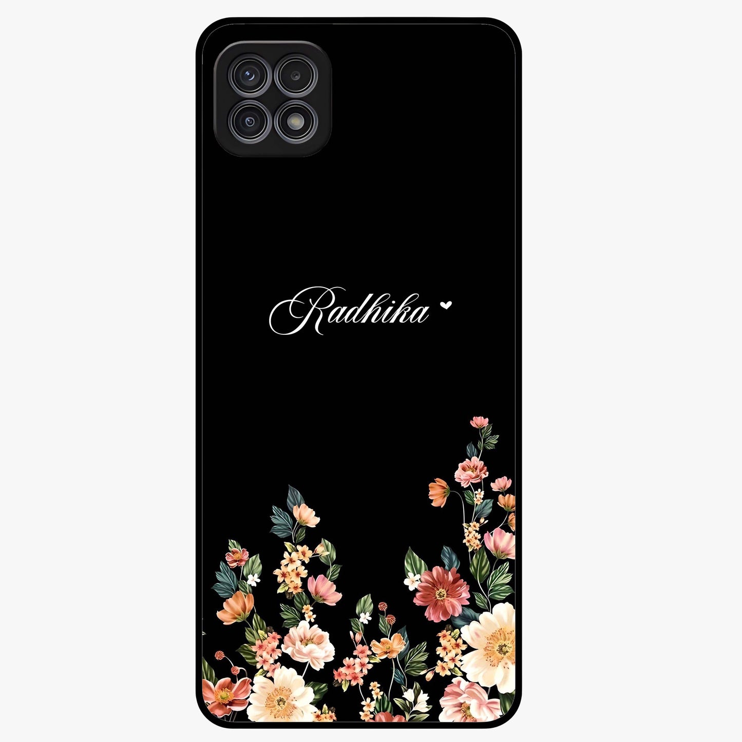 Floral Design With a Custom Personalized Name Glass Case showing flat back view with floral artwork and personalized name design.