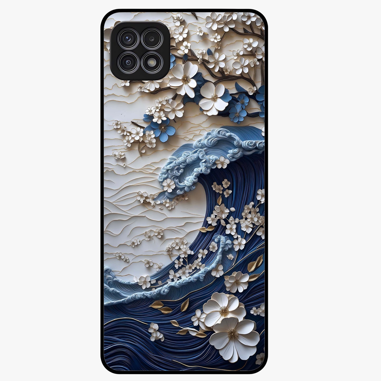 Floral Wave Origami Glass Case showing flat back view with origami inspired floral wave artwork and glossy glass finish.