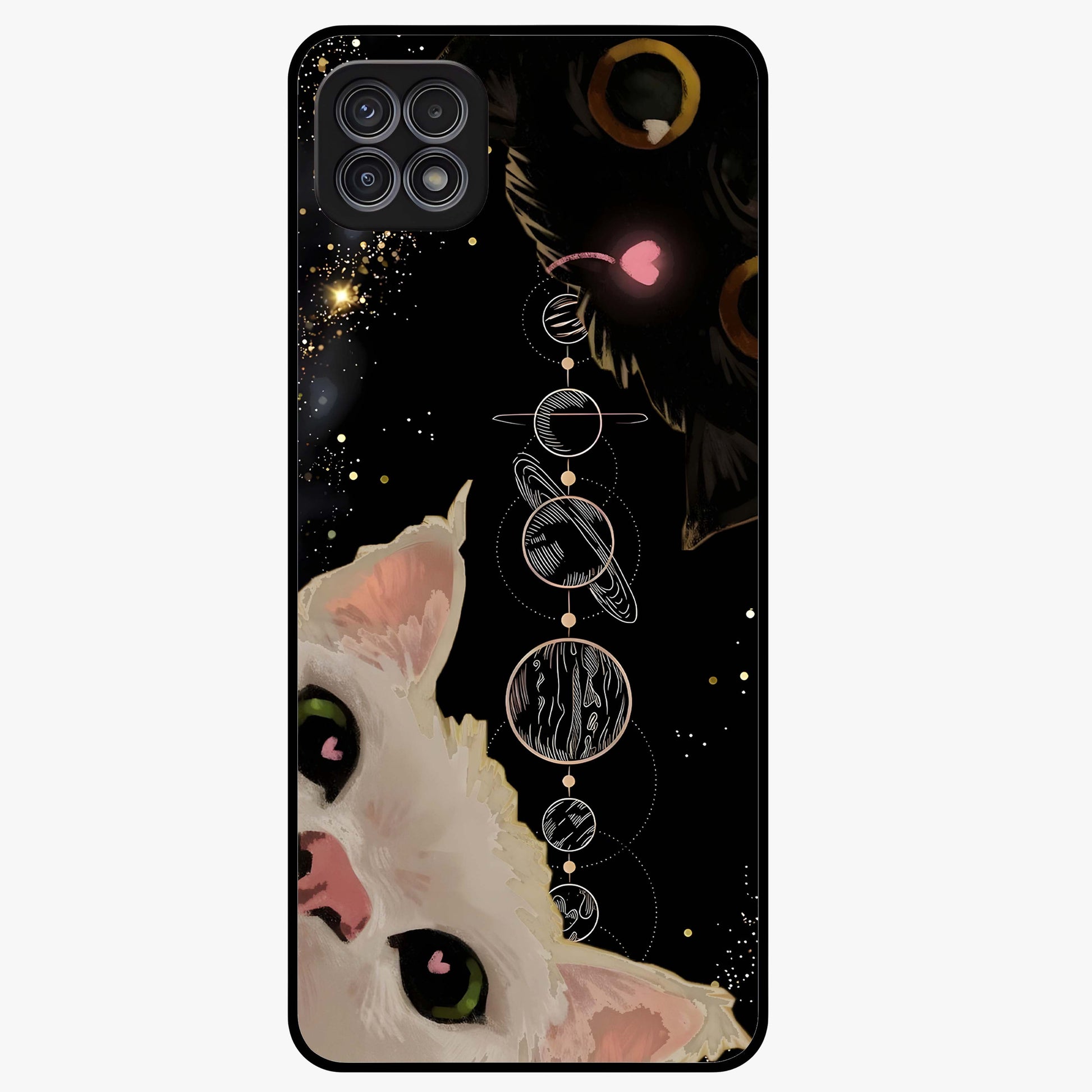 Galactic Cat Glass Case showing flat back view with cosmic cat artwork and glossy glass finish.