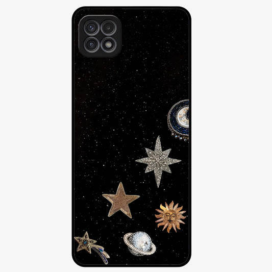 Galactic Charm Glow Glass Case showing flat back view with glowing celestial charm artwork and glossy glass finish.