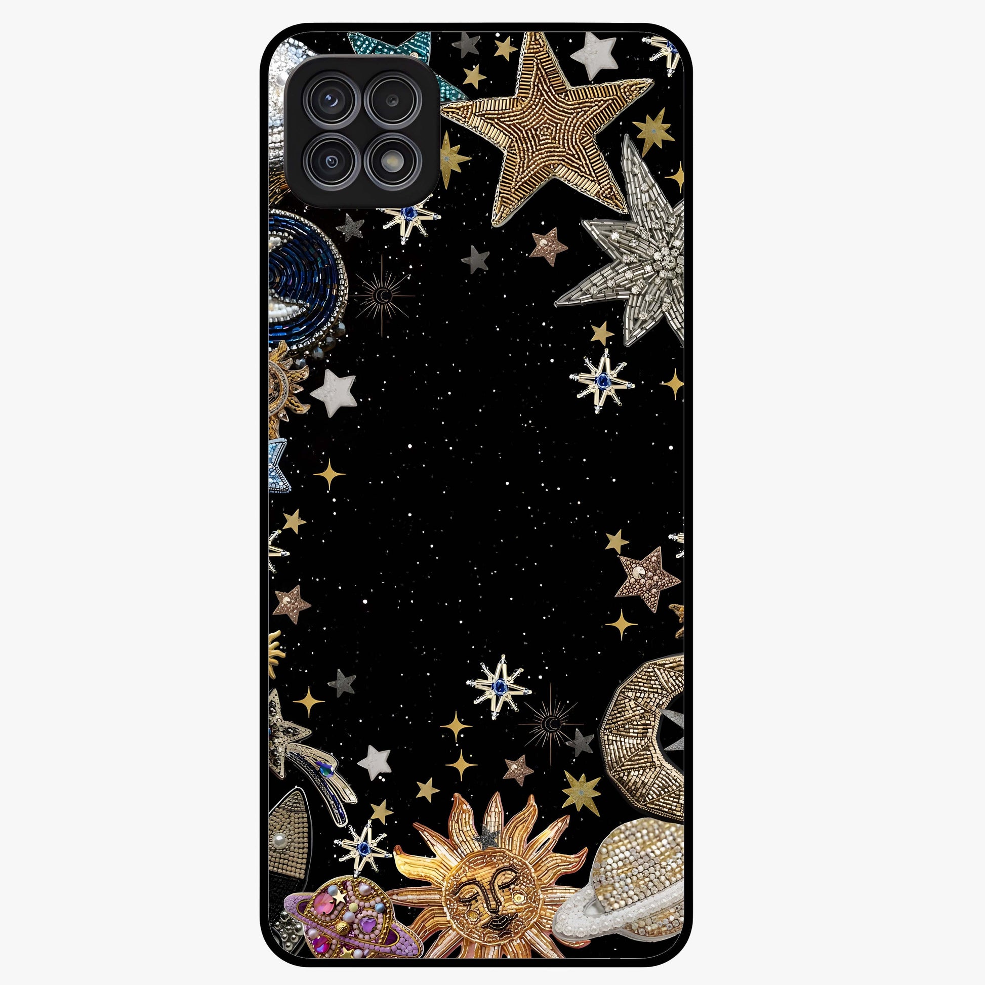 Galactic Jewel Stars Glass Case showing flat back view with sparkling star jewel artwork and glossy glass finish.