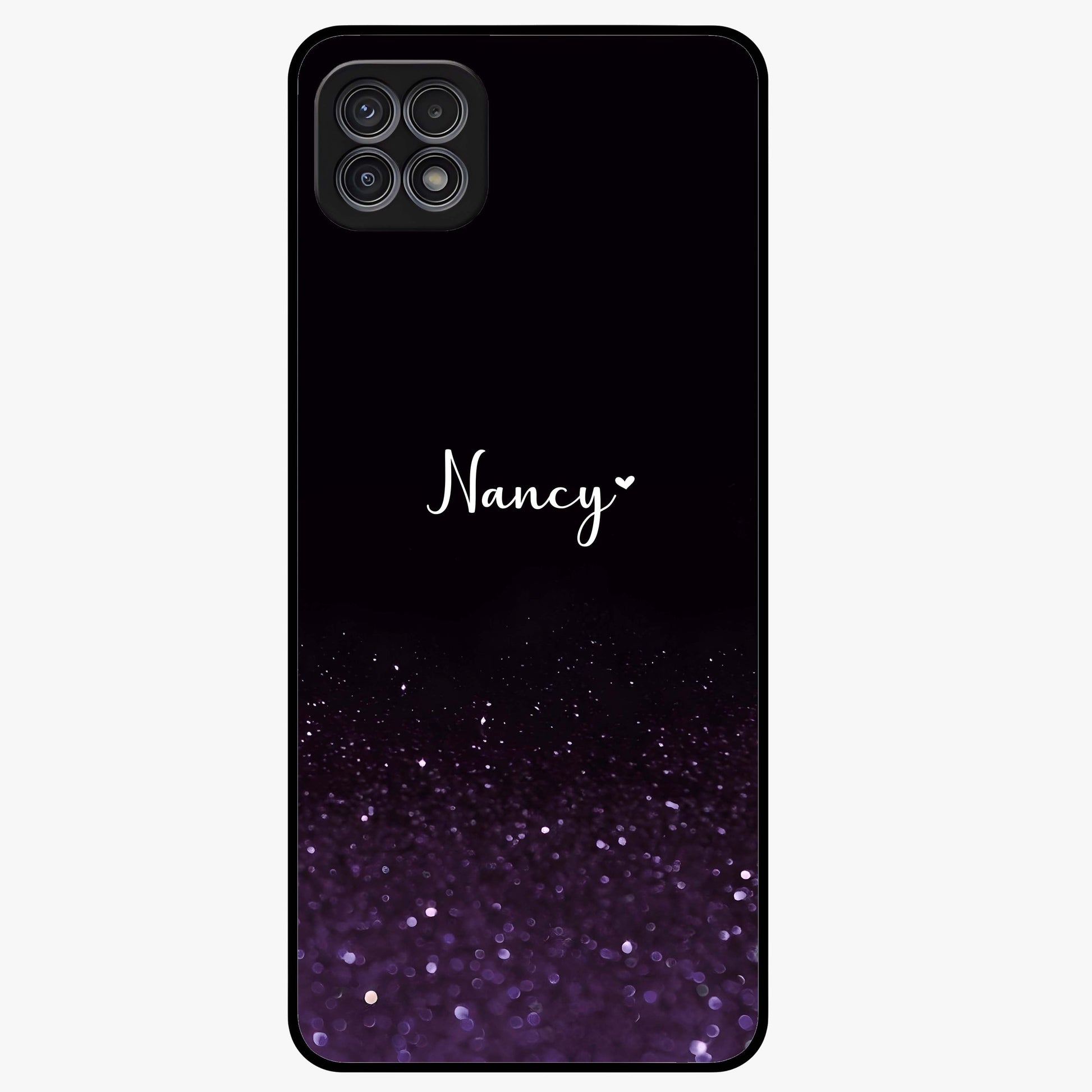 Glittery Purple Bokeh Custom Name Glass Case showing flat back view with purple bokeh sparkle artwork and personalized name design.