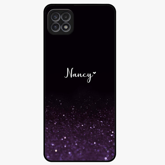 Glittery Purple Bokeh Custom Name Glass Case showing flat back view with purple bokeh sparkle artwork and personalized name design.