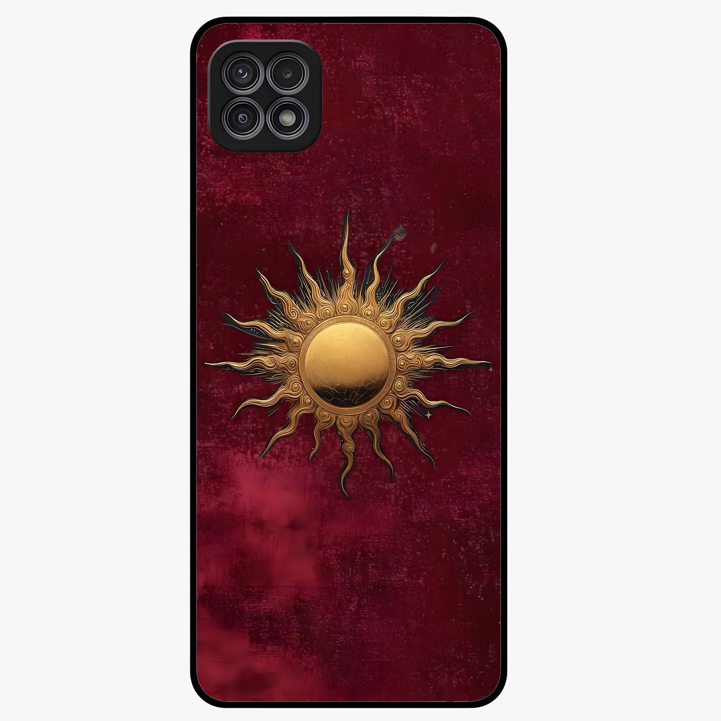Gold Sun Blush Glass Case showing flat back view with golden sun inspired artwork and glossy glass finish.