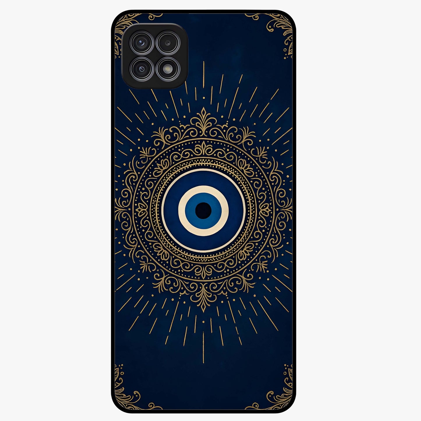 Golden Evil Eye Mandala Glass Case showing flat back view with intricate evil eye mandala artwork and glossy glass finish.