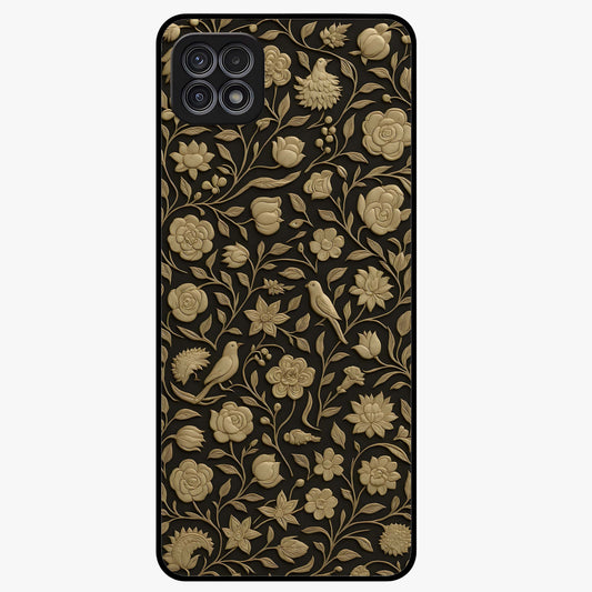Golden Floral Majesty Glass Case showing flat back view with luxurious golden floral artwork and glossy glass finish.