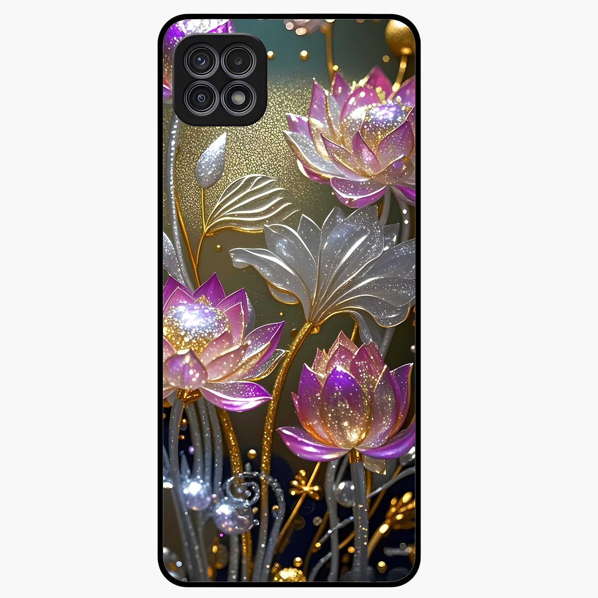 Golden Lotus Glow Glass Case showing flat back view with glowing lotus flower artwork and glossy glass finish.