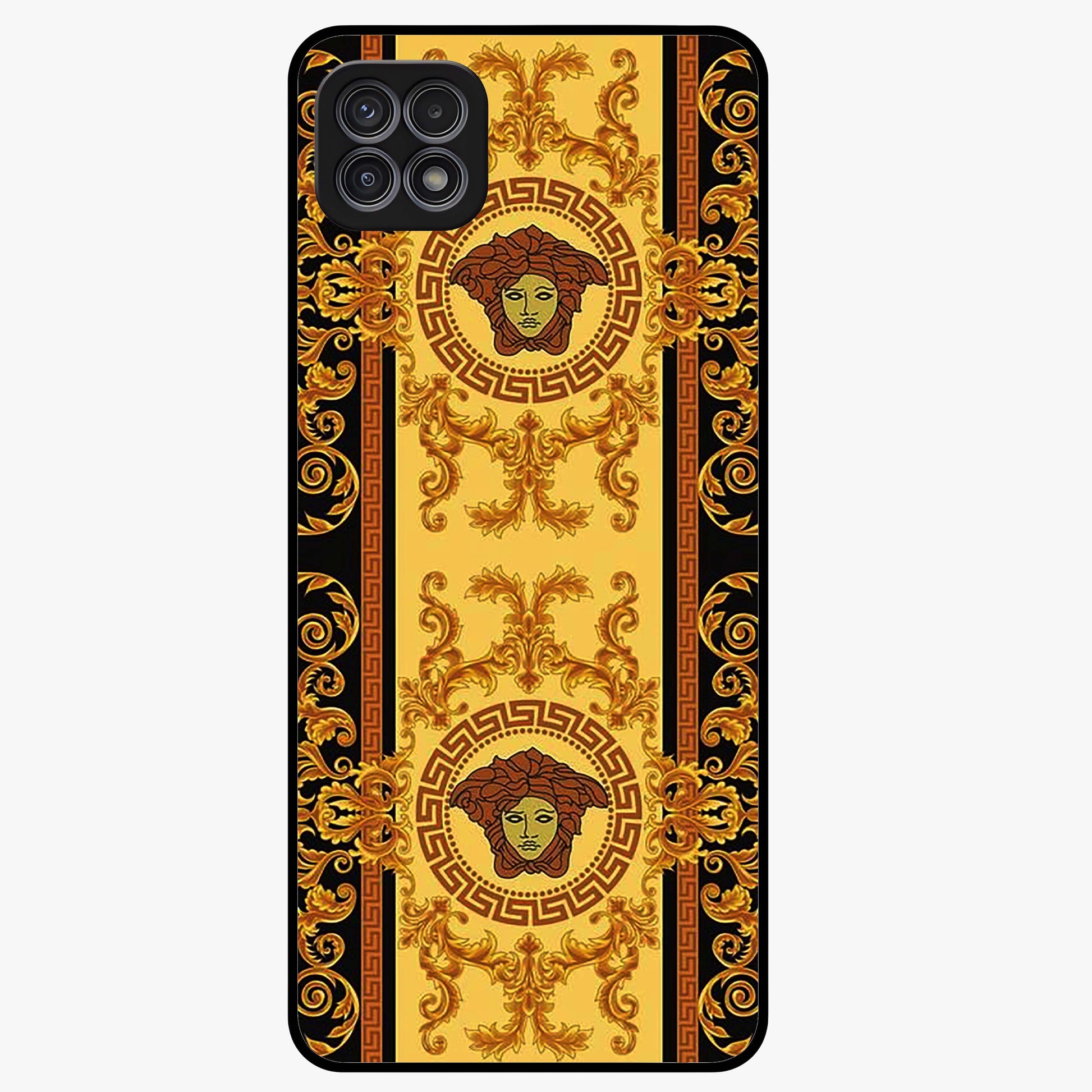 Golden Royal Heritage Glass Case showing flat back view with ornate royal pattern artwork and glossy glass finish.