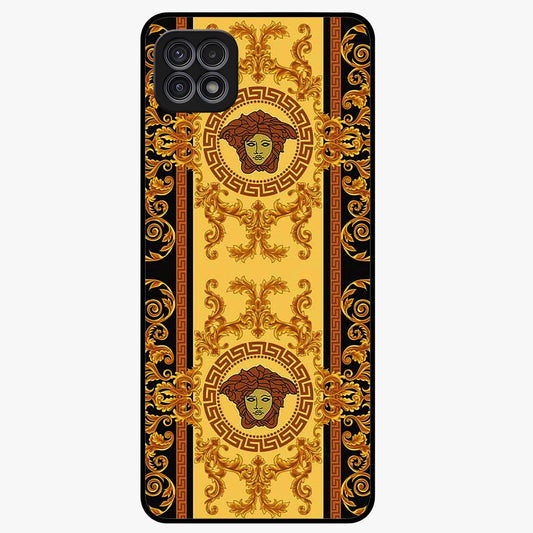 Golden Royal Heritage Glass Case showing flat back view with ornate royal pattern artwork and glossy glass finish.