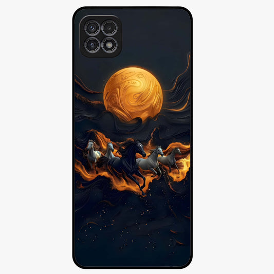 Golden Stallion Moonride Glass Case showing flat back view with majestic horse under moonlight artwork and glossy glass finish.
