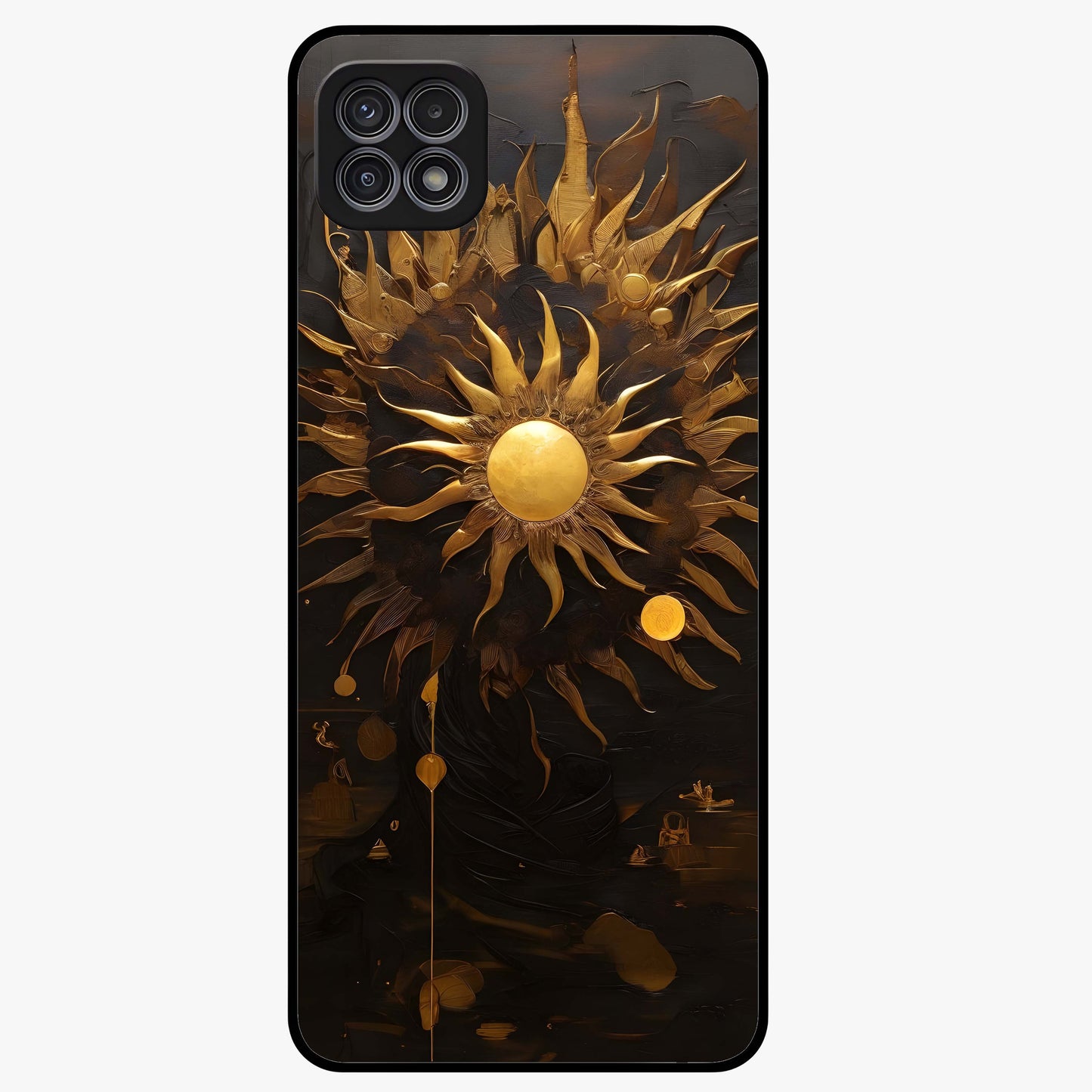 Golden Sun Majesty Glass Case showing flat back view with radiant golden sun artwork and glossy glass finish.