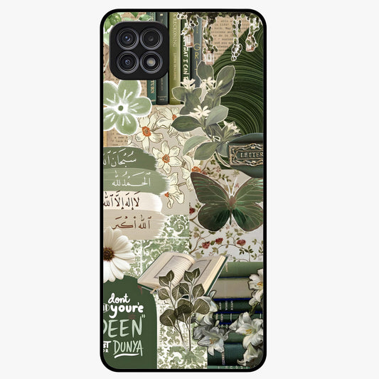 Green Islamic Books Quotes Glass Case showing flat back view with Islamic quotes and book themed artwork and glossy glass finish.