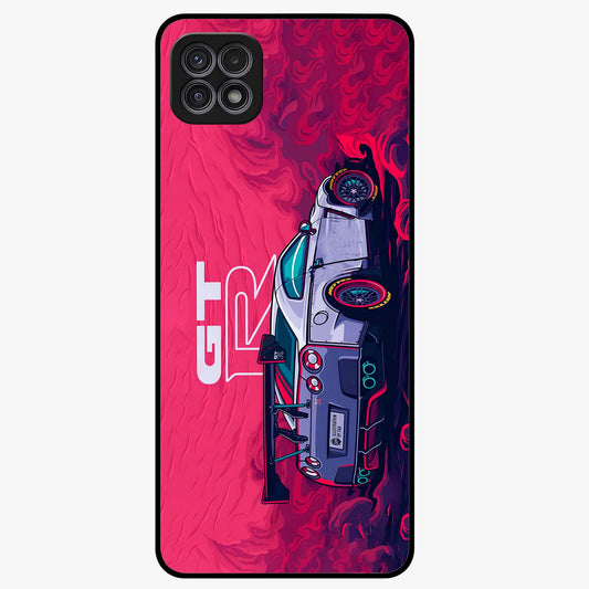 GT-R Car Pattern Glass Case showing flat back view with sporty car inspired pattern artwork and glossy glass finish.