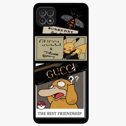 Gucci Play Mashup Glass Case showing flat back view with luxury inspired graphic artwork and glossy glass finish.
