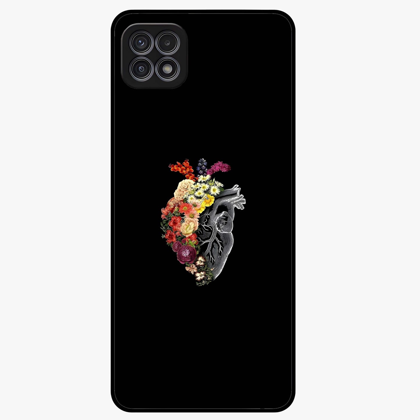 Heart With Flowers Glass Case showing flat back view with heart shaped floral artwork and glossy glass finish.