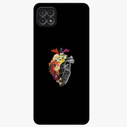 Heart With Flowers Glass Case showing flat back view with heart shaped floral artwork and glossy glass finish.