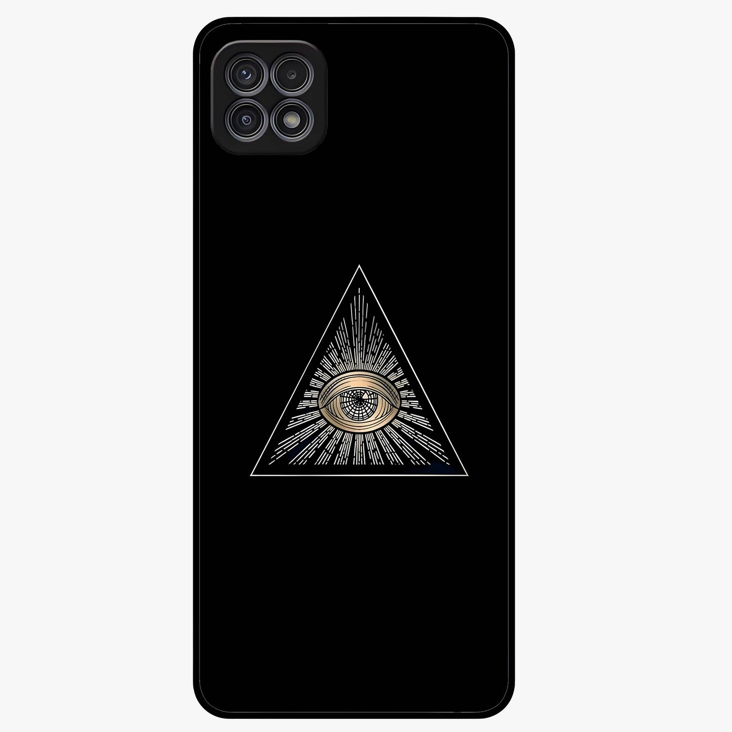 Illuminati Evil Glass Case showing flat back view with mysterious illuminati symbol artwork and glossy glass finish.