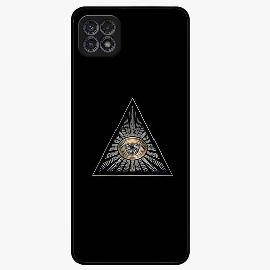Illuminati Evil Glass Case showing flat back view with mysterious illuminati symbol artwork and glossy glass finish.