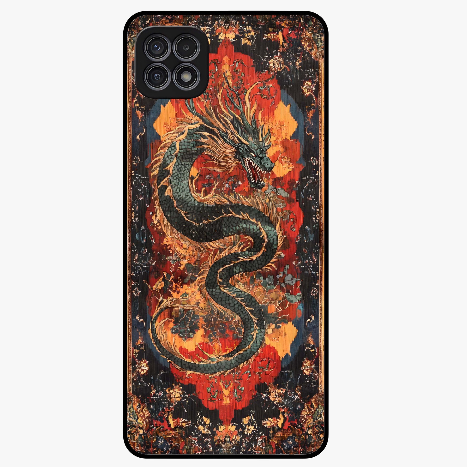Inferno Dragon Soul Glass Case showing flat back view with fiery dragon artwork and glossy glass finish.