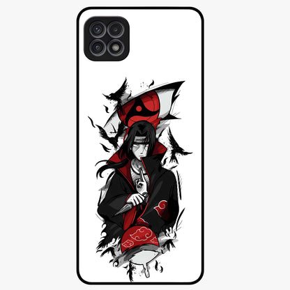 Itachi Sharingan Glass Case showing flat back view with powerful anime eye artwork and glossy glass finish.