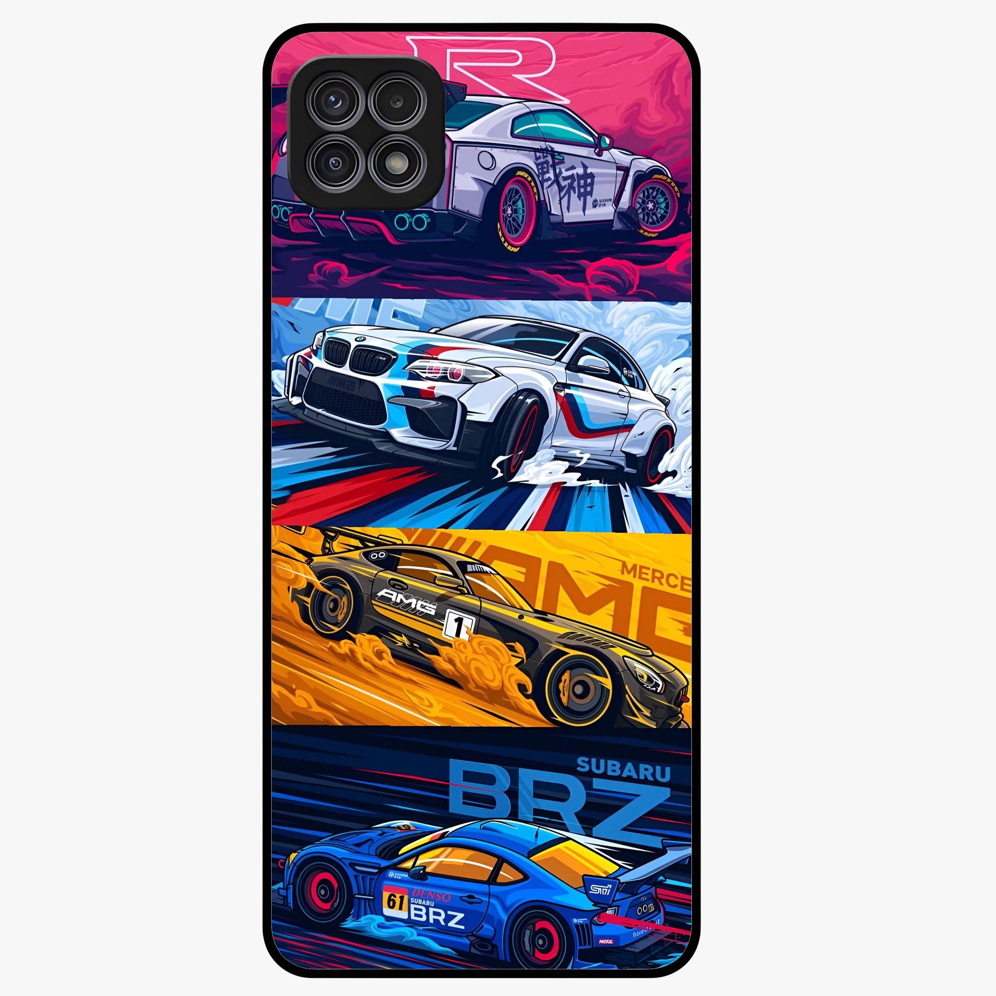 JDM Sports Car Glass Case showing flat back view with high performance sports car artwork and glossy glass finish.
