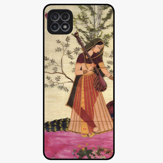 Lady With Veena Art Glass Case showing flat back view with elegant woman playing veena artwork and glossy glass finish.