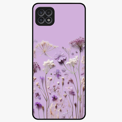 Lavender Blossom Dream Glass Case showing flat back view with soft lavender floral artwork and glossy glass finish.