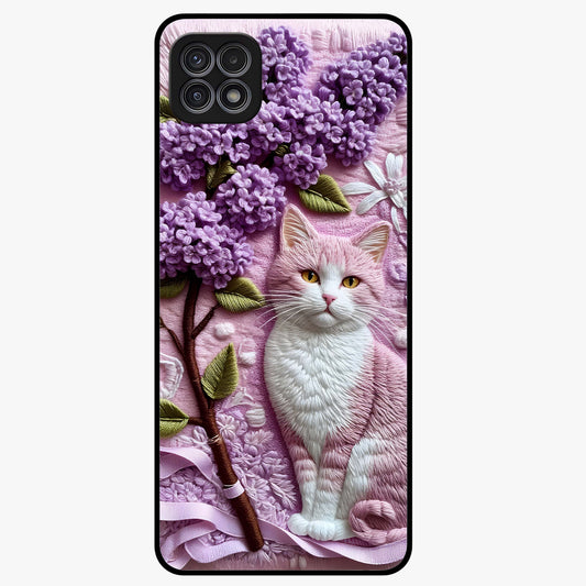 Lavender Cat Whimsy Glass Case showing flat back view with cute lavender cat artwork and glossy glass finish.