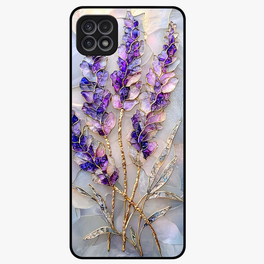 Lavender Dream Glow Glass Case showing flat back view with glowing lavender aesthetic artwork and glossy glass finish.