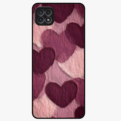Layered Paper Hearts Glass Case showing flat back view with layered paper heart artwork and glossy glass finish.