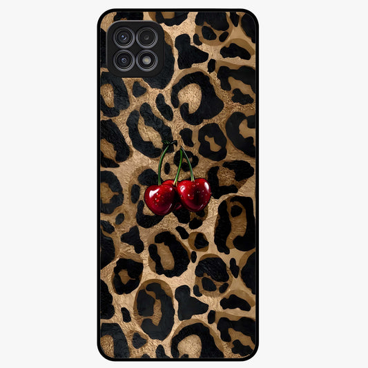 Leopard Wild Cherry Glass Case showing flat back view with leopard pattern and cherry artwork and glossy glass finish.